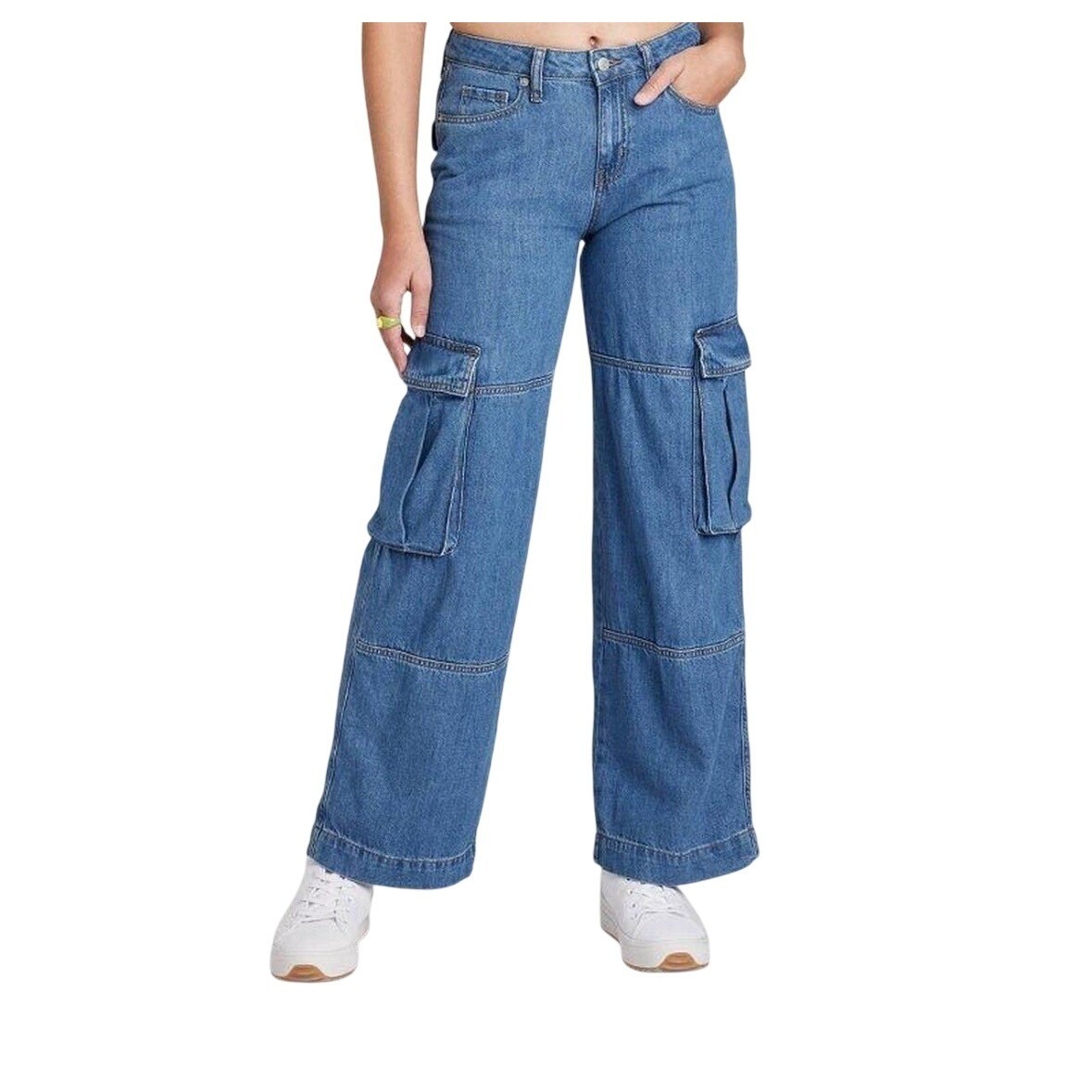 Wild Fable Womens Mid-Rise Cargo Jeans Blue Wide Leg Utility Denim Pants Size 14